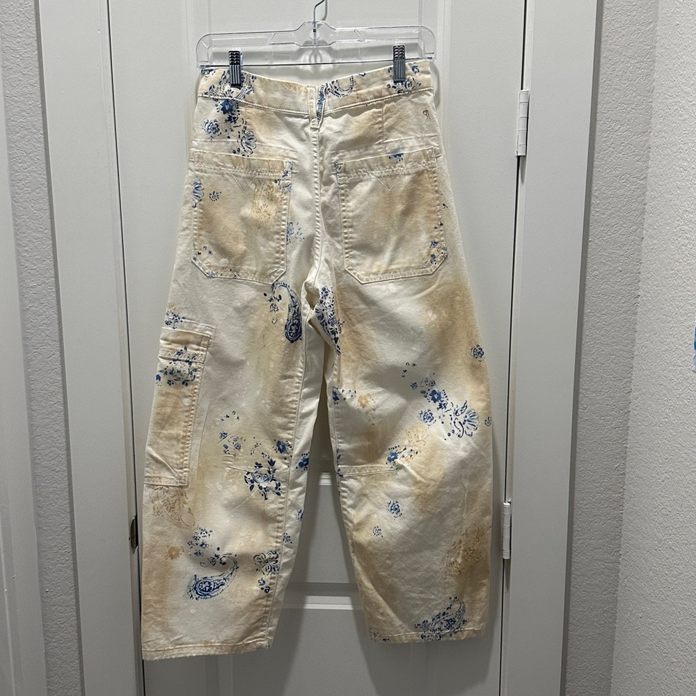 Anthropologie Pilcro Cream Pants with Blue Floral Accent - Picture 5 of 5